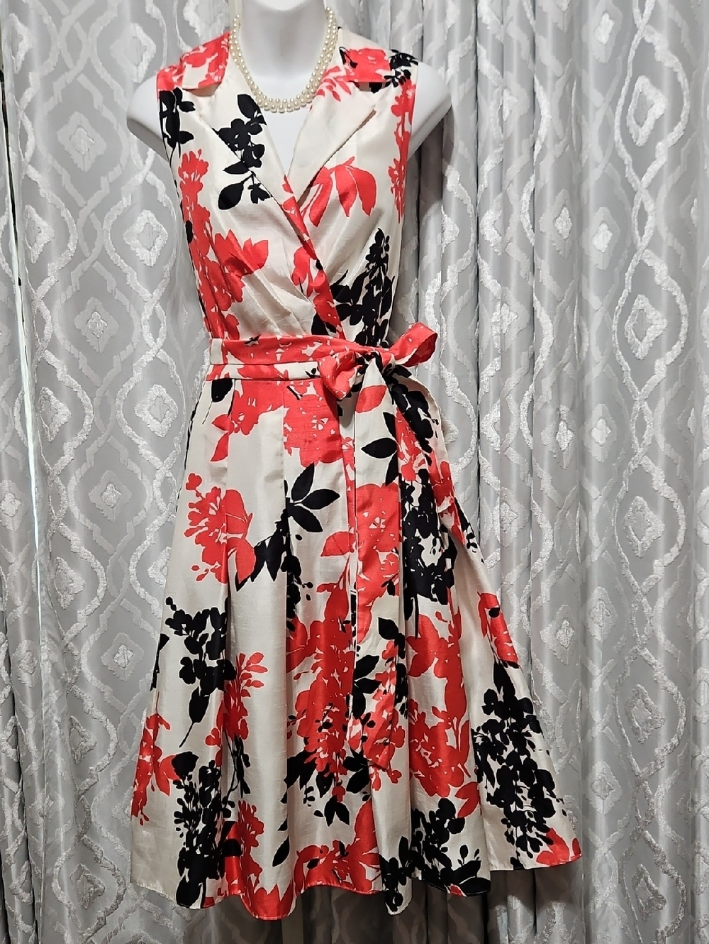 Sleeveless Red & Black Floral Wrap Dress - Brand Unspecified